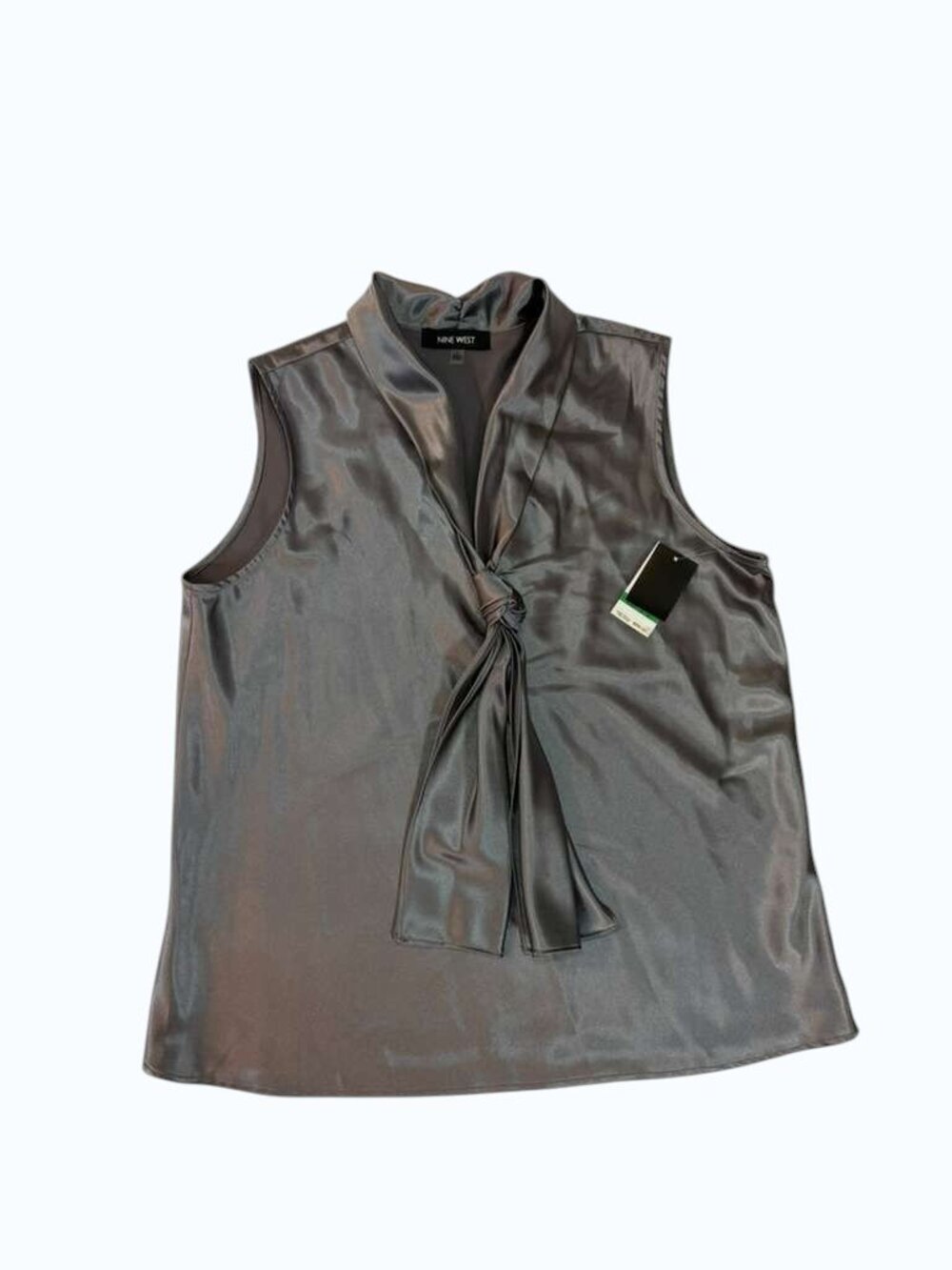Nine West Women’s Sleeveless Metallic Blouse Tie Neck Top Gray Silver Size L NWT